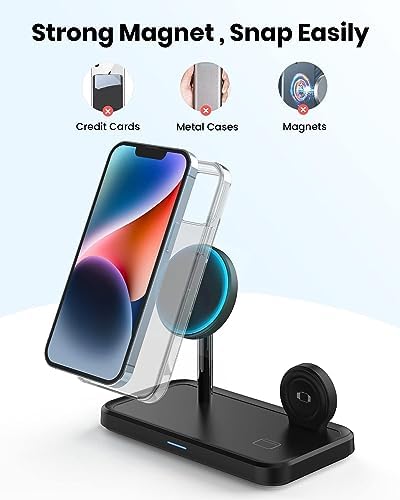Magnetic Wireless Charging Station for i Phone 15/14/13/12 Pro Max & Apple Devices – Joy Geek 3-in-1 Fast Charger Pad for i Phone, Apple Watch Ultra 9-2, and Air Pods – Compact Design with Enhanced Compatibility and Secure Magnetic Alignment