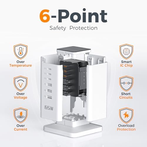 TESSAN 30 W 9-in-1 Multi-Device Charging Station with Surge Protection – Ultimate Charger Block for i Phone 16/15/14/13, Tablets, and Earphones – 5 ft Flat Extension Cord with 4 USB A & 2 USB C Ports – Compact Design for Home, Office, or Dorm – Enhanced Safety and Efficiency