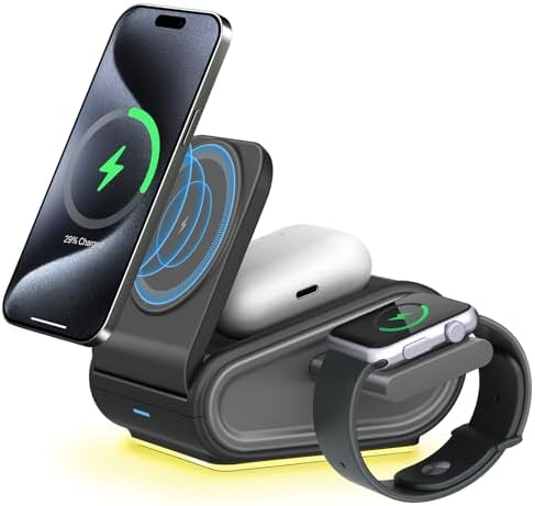 Revolutionary 4-in-1 Foldable Wireless Charging Station – Versatile Travel Magnetic Charger Stand with Adjustable Night Light for i Phone 16/15/14/13/12, Apple Watch, and Air Pods – Sleek Black Design (Adapter Not Included) – Ultimate Compatibility and Fast Charging Solutions for Tidy, Efficient Tech Spaces.