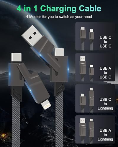SHEZI Series 4-in-1 USB C Cable – 6 FT Fast Charging & Data Sync Cable with Lightning, Type C & USB A Connectors – 60 W Power Delivery, 480 Mbps Transfer Speed, Durable Nylon Braided Design for i Phone 16/15/14, i Pad, Samsung & Mac Book