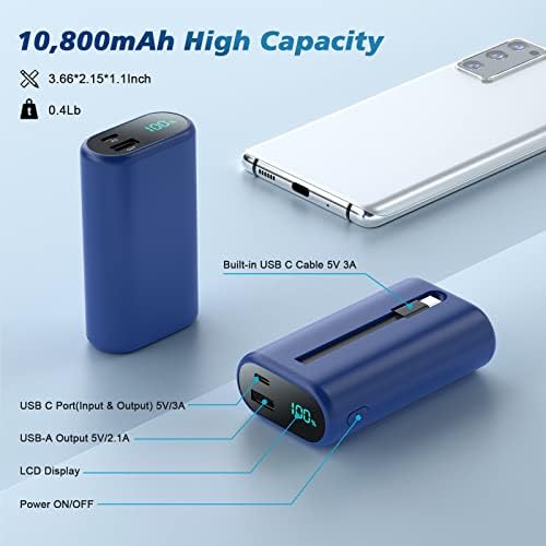 Compact 10800 m Ah Portable Charger with Built-in USB-C Cable – Fast PD 3 A Power Bank for Samsung Galaxy S22/S21, Note, Moto, and LG – LCD Display for Real-Time Battery Monitoring – Ultimate Solution for Mobile Charging Needs