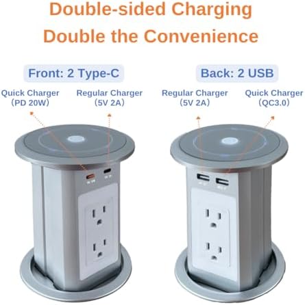 ZESHAN Sleek Pop-Up Power Outlet with 15 W Wireless Charging Station – Dual US Outlets, USB A & USB C PD Fast Charging Ports for Effortless Connectivity at Home or Office – Ideal for Conference Tables and Kitchen Counters, Modern Black Finish