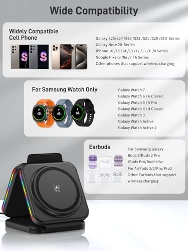 Elevate Your Charging Experience: Foldable 3-in-1 Wireless Charger for Samsung Galaxy Series – Ultra-Fast Charging Station for Galaxy S25/S24/S23, Galaxy Bud Pro & Watch 7/6/5 Pro – Perfect Travel Companion with Smart LED Indicator and Enhanced Compatibility