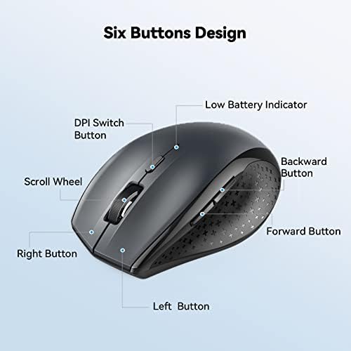 TECKNET Bluetooth Wireless Mouse – Ergonomic 4800 DPI Precision with 6 Adjustable Settings, Long-Lasting 2-Year Battery, and 6 Functional Buttons for Laptops & Windows – Sleek Grey Design for Enhanced Comfort and Productivity