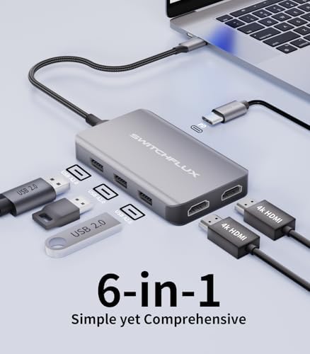 Unlock Your Productivity Potential with the 6-in-1 USB C Docking Station – Dual 4 K HDMI Adapter for Mac Book & Dell XPS – The Ultimate Multiport Hub for Seamless Connections, Fast Charging, and Enhanced Workspace Efficiency