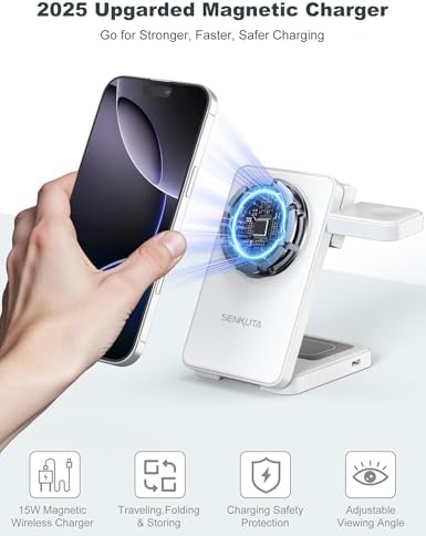 3-in-1 Magnetic Wireless Charging Station for Apple Devices – Fast Travel Charger for i Phone 12-16, Apple Watch Ultra 5/4/3, and Air Pods Pro/3/2 – Compact & Foldable Design for Efficient, Safe Charging with 18 W Adapter – Perfect for Home, Office, or Travel – Enhanced Compatibility and User-Friendly Features