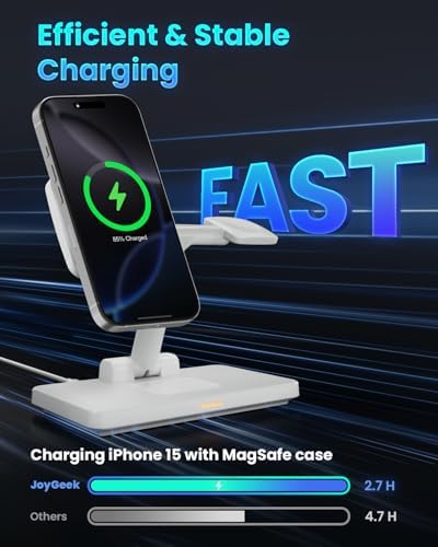 Joy Geek 3-in-1 Foldable Wireless Charging Station for Mag-Safe i Phone – Ultimate Travel Dock for i Phone 12-16 Pro Max, Apple Watch Series 4-10, and Air Pods Pro 2/3/4 – Fast, Compact, and Convenient Power Solution for On-the-Go Charging
