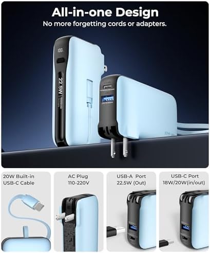 Ultimate 10,000 m Ah Portable Charger with Built-in USB-C Cable & Plug – Fast 22.5 W Power Bank for Seamless Charging of i Phone 16/15, Samsung Galaxy & i Pad – Compact Travel Essential with Triple Output Ports for Maximum Device Compatibility