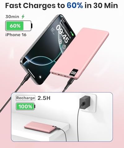 ADDTOP Ultra-Slim 10000 m Ah Fast Charging Portable Power Bank – Lightweight Battery Pack with Dual USB-C & USB-A Ports for i Phone 16/15/14/13/12 and Android Devices – Optimal On-the-Go Charging Companion for Multi-Device Users