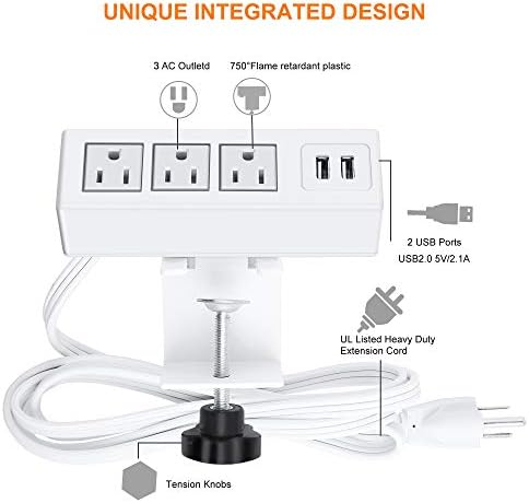 CCCEI 3-Outlet Desk Clamp Power Strip with USB Ports – Surge Protector with 1200 Joules for Enhanced Safety and Fast Charging – Compact Table Mount Power Station for Home Office and Workshop Use – ETL Certified, 1500 W Capacity