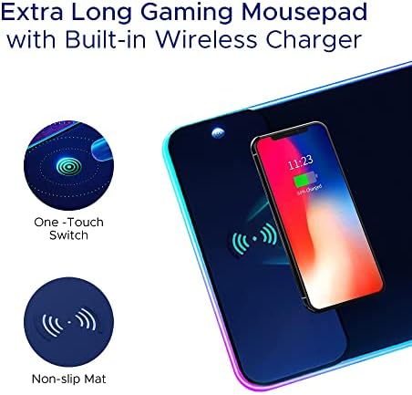 Elevate Your Gaming & Productivity with the 12″ x 35.5″ Wireless Charging RGB Mouse Pad – Large Non-Slip Desk Mat Featuring 10 Customizable RGB Backlight Colors, Fast Wireless Charging for i Phones & More, Perfect for Ergonomic Gaming Setups and Enhanced Workspace Organization