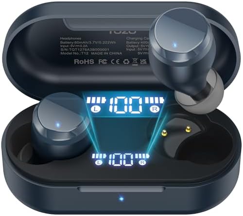 TOZO T12 Advanced Wireless Earbuds – Bluetooth 5.3 Noise Cancelling Headphones with ENC Mic, Unmatched 55-Hour Playtime, App-Customizable EQ, IPX8 Waterproof Protection, LED Display for Optimal Sound Experience – Perfect for Music Lovers and Active Lifestyles