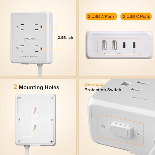 Maximize Your Power Potential with the 6 Ft Surge Protector Flat Extension Cord Power Strip – 8 Outlets & 4 USB Ports (Including 2 USB-C) for Rapid Charging, 1350 Joules Protection, Perfect for Home or Office Environment, Space-Saving Design for Enhanced Compatibility