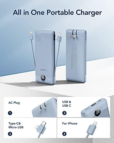 VEGER Ultra-Slim 10,000 m Ah Portable Charger with Built-in Cables and Integrated Wall Plug – Fast Charging Power Bank for i Phone, i Pad, Samsung, and More – Essential Travel Battery Pack for On-the-Go Charging and Enhanced Device Compatibility