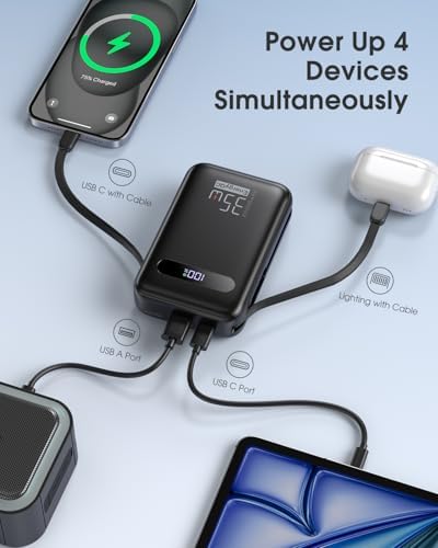 Ultimate 20,000 m Ah Energy QC Power Bank: 35 W PD 3.0 & QC 4.0 Ultra-Fast Charging Portable Charger with Dual Built-In Lightning & USB-C Cables for i Phone 16/15/14, Galaxy S24, i Pad, Air Pods – All-Day Power & 4-Device Charging with Smart LED Display for Travel & Emergencies