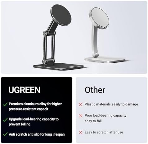 UGREEN Magnetic Phone Stand Compatible with MagSafe iPhone Holder for Desk Ergonomic Design Adjustable, Aluminum Cell Phone Stand Compatible for iPhone 16 15 14 13 12 Pro Max and MagSafe Case, Black – Enhanced Compatibility and Speed
