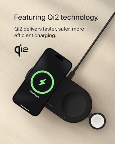 Belkin 15 W Mag Safe-Compatible 2-in-1 Wireless Charging Station – Fast Dual Device Charger for i Phone 16, 15, 14, 13 Series & Air Pods – Sleek Sand Design for Effortless Portability and Seamless Power Solutions