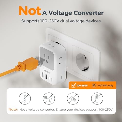 TESSAN Dual Pack European Travel Adapter with 4 AC Outlets and 3 High-Speed USB Ports – Ultimate International Power Converter for Seamless Device Charging in Italy, Spain, France, Portugal, Germany, and Iceland – Essential Travel Accessory for Modern Explorers