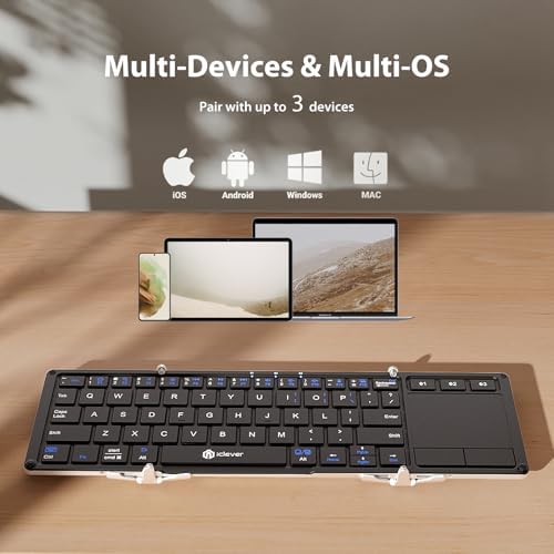 Ultra-Portable i Clever Bluetooth Keyboard with Touchpad – Sleek Foldable Design, Durable Metal Body, USB-C Charging, Multi-Device Compatibility for i Pad, i Phone, Android & Windows – Perfect for Travelers and Professionals in Silver White
