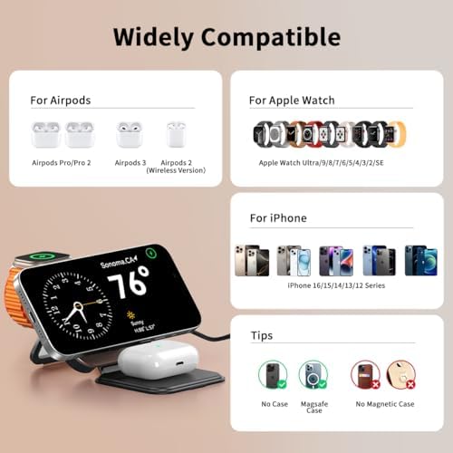 Revolutionary 3-in-1 Mag Safe Charging Station: Ultra-Fast 15 W Magnetic Wireless Charger for i Phone 16/15/14/13/12, Air Pods Pro/2/3/4, and All Apple Watch Series – Compact Foldable Travel Design for Effortless Device Powering and Enhanced Compatibility