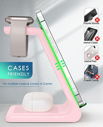 Sleek Pink 3-in-1 Wireless Charging Station: Fast Desk Charger for i Phone 16/15/14/13/12 Pro Max, Apple Watch Series 10-3, and Air Pods 4/3/2 Pro – Enhanced Compatibility & Space-Saving Design for Effortless Charging Efficiency