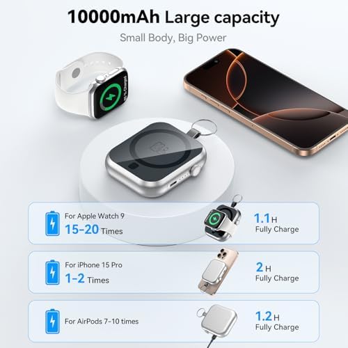 Ultra-Fast 10000 m Ah Magnetic Power Bank with Detachable Lanyard – 3-in-1 Wireless Charger for i Phone 12/13/14/15/16, Apple Watch & Air Pods – Compact Portable Battery Pack with 22.5 W PD Charging for Ultimate Device Compatibility and Convenience