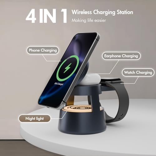 4-in-1 Mag Safe Wireless Charging Station with Adjustable Night Light – Fast 15 W Charger Stand for i Phone 16, 15, 14, 13, 12 Pro Max, Apple Watch Ultra, and Air Pods – Portable Travel-Friendly Design for Enhanced Compatibility and Nighttime Convenience