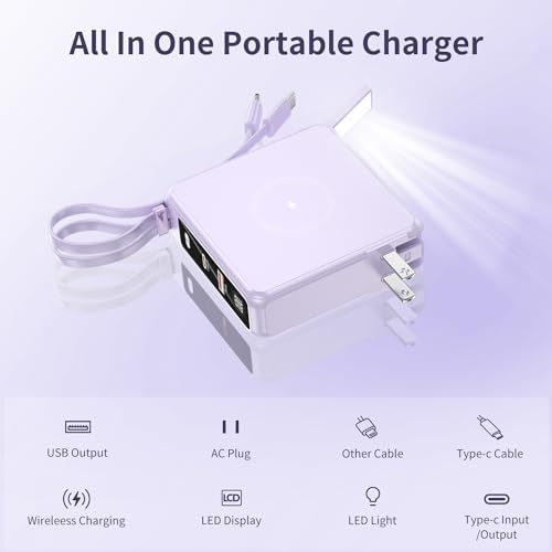 Ultimate 10,000 m Ah Portable Charger with Built-in Cables & AC Plug – PD 22.5 W Fast Wireless Power Bank for i Phone 16/15/14, Samsung S23/S22, Android Devices – Effortless Charging Anytime, Anywhere