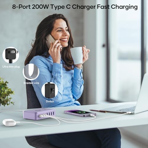 Transform Your Charging Routine with the 200 W 8-Port Fast Charging Hub – Multi-Device USB Station Featuring 65 W Laptop Adapter, Space-Saving Flat Plug, Durable Braided Cable, and User-Friendly On/Off Power Control for Optimal Performance and Safety