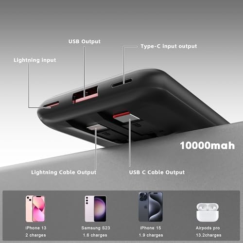 Ultra-Slim 10000 m Ah Power Bank with Integrated Cables – Rapid Charge Portable Charger for i Phone 15/16, Samsung & Android – 4 Device Outputs with Smart LED Display – Lightweight Travel Companion with Advanced Safety Features