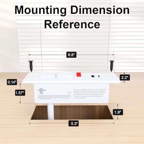 Recessed Drawer Power Strip Kit: Clutter-Free Charging Solution with PD 20 W Fast Charge, Dual USB Ports (Type A & C), and Dual 12 Amp AC Outlets – 7.2 FT Cord for Flexible Setup and Enhanced Workspace Efficiency