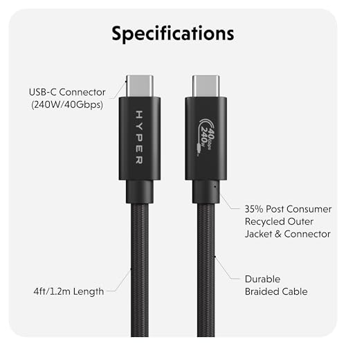 HyperDrive Next USB4 Type-C Performance Charging Cable — USB C Charging w/ 40Gbps Data Transfer, 240W Power Delivery, Fast Charge, 8K Video Support (4ft/1.2m – Black) – Enhanced Compatibility and Speed