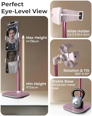 Cooper ChatStand Adjustable Cell Phone Stand for Desk & Video Recording, Rotating Cell Phone Holder for Desk for All iPhone, Samsung, Android, 9-14″ Face-Level Metal Desktop Tripod (Frost White) – Enhanced Compatibility and Speed
