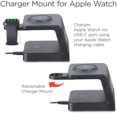 Timex Wireless Charging Alarm Clock with Apple Watch Mount – Fast Charging Station for i Phone and Air Pods – Sleek Black Design for Effortless Bedside Organization and Stylish Functionality