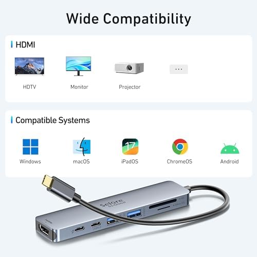 Ultimate 7-in-1 USB C Hub HDMI Adapter for Mac Book Pro & Air – High-Speed 4 K HDMI, Dual USB 3.0, SD/TF Card Reader, and 100 W Power Delivery – Compact and Durable Dongle for Seamless Connectivity with Dell XPS & Lenovo Think Pad