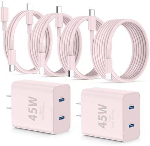 Ultimate Fast Charging Solution for i Phone 16/15 Pro Max – 45 W Dual Port USB-C Charger Block (2-Pack) with Extra Long 60 W Cables – PD Quick Adapter 3.0 for Enhanced Device Compatibility and Speed – Perfect for Home or On-the-Go Charging