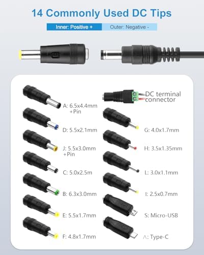 Versatile 24 V DC Power Supply Adapter – 2 A 48 W AC/DC Charger with 6.2 FT Cord & 14 Interchangeable Tips for LED Strips, CCTV Cameras, Routers & DC Pumps – Efficient, Portable, and Durable Power Solution for Home & Business Use