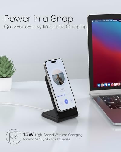 Mag-Safe Wireless Charging Stand for i Phone 16 – Fast Charging with 20 W Adapter & 5 Ft Cable, Magnetic Alignment for i Phone 15/14/13/12 – Sleek Black Design for Effortless Charging and Enhanced Compatibility