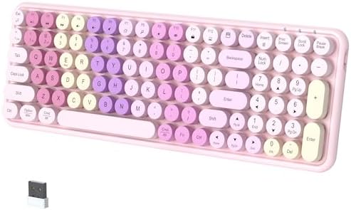 Multitask in Style: Rainbow Pink Wireless Dual Mode Keyboard with Retro Round Keycaps – Connect 3 Devices Effortlessly for Enhanced Productivity and Comfort