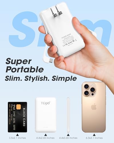 Ultra-Compact TG90° Portable Charger: 5000 m Ah Power Bank with Integrated AC Wall Plug and Triple Output for i Phone and Android Devices – Fast Charging Made Effortless and Convenient