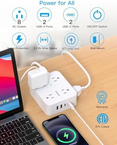 HANYCONY 15 Ft Extension Cord Power Strip with 8 AC Outlets & 4 USB Ports (2 USB-C) – 1080 J Surge Protector for Enhanced Safety, Wall Mountable Desk Charging Station for Home Office & College Dorm Essentials