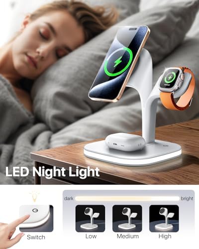 Revolutionary EXW Multi-Device Wireless Charging Hub: High-Performance Mag Safe Charger for i Phone 16/15/14/13/12, Apple Watch Series 1-9, and Air Pods – Sleek Black Finish with LED Charging Indicator & Complimentary Adapter for Effortless Device Management