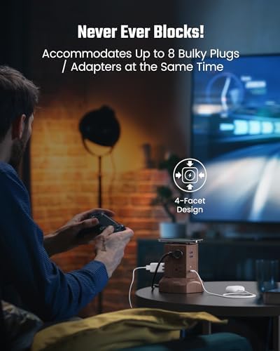Revolutionize Your Charging Setup with SUPERDANNY Power Strip Tower – 15 W Wireless Charger, 6.5 Ft Retractable Cord, 1050 J Surge Protection, 8 Outlets & 4 USB Ports (2 USB-C) for Ultimate Home and Office Versatility