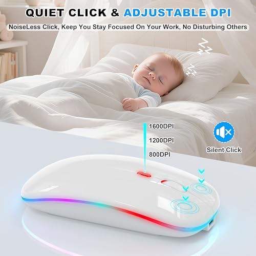 Sleek LED Bluetooth Wireless Mouse for Mac & PC – Rechargeable, RGB Light-Up Design with Dual Connectivity (BT5.2 + 2.4 G USB) – Slim, Portable Mouse with Jiggler Function for Work & Play – Enhanced Performance & Style in White
