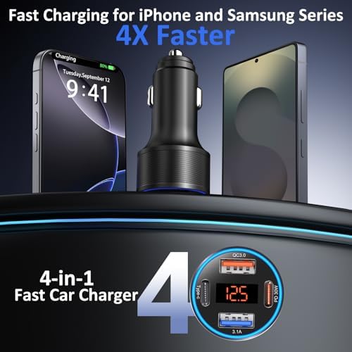 65 W 4-Port USB C Car Charger – Dual USB-A & USB-C Cigarette Lighter Adapter with Built-in Voltmeter for Safe Fast Charging – Ideal for i Phone 16/15/14/13/12/11 Pro Max and Android Devices – Travel Essential Accessory for High-Speed Power Supply