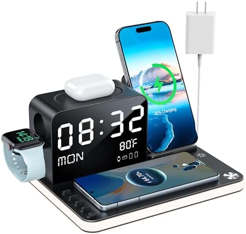 Ultimate 7-in-1 Wireless Charging Station for Apple Devices – Fast 33 W Charger with Bluetooth Time Sync, Night Light & Multi-Device Compatibility for i Phone 16/15/14/13/12 Pro Max, Android Phones, Air Pods & Apple Watch – Stylish & Efficient Power Solution