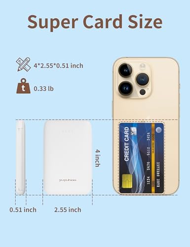 Ultra-Slim 5000 m Ah Power Bank with Built-In USB-C Cables – Dual Charging External Battery Pack for i Phone & Android – Lightweight Travel Companion in Black & Pink – Effortless Portability and Enhanced Device Compatibility