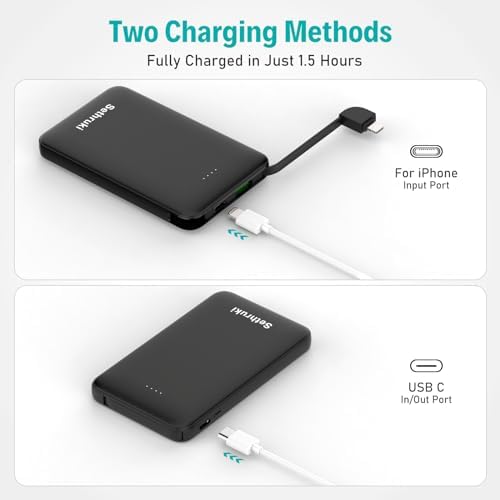 Ultra-Slim 20 W Fast Charging Power Bank with Built-in USB C Cable – 6000 m Ah Lightweight Portable Charger for i Phone 16, 15, Samsung & Android Devices – Essential Travel Battery Pack for On-the-Go Power Needs