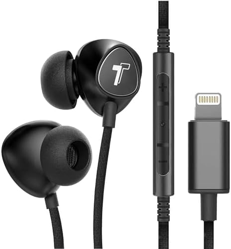 Thore V110 MFi Certified Braided Lightning Earbuds for i Phone – Sweat & Water-Resistant In-Ear Headphones with Built-in Mic and Volume Control – Perfect for Active Lifestyles and Seamless Connectivity with i Phone 12/13/14 Pro Max – Stylish Red Design for Enhanced Durability and Comfort