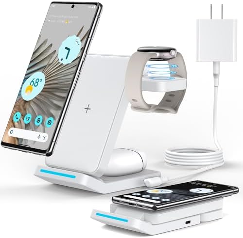Revolutionary 3-in-1 Foldable Wireless Charger for Google Pixel Devices – Fast Charging Stand for Pixel Watch 3/2, Pixel 9 Pro/XL/9 a/8 Pro/8 a/7 Pro/7 a/6 Pro & Pixel Buds Pro 2 – Compact, Portable Design with Adapter Included – Sleek White Finish for Home or Travel – Ultimate Solution for Efficient Multi-Device Charging